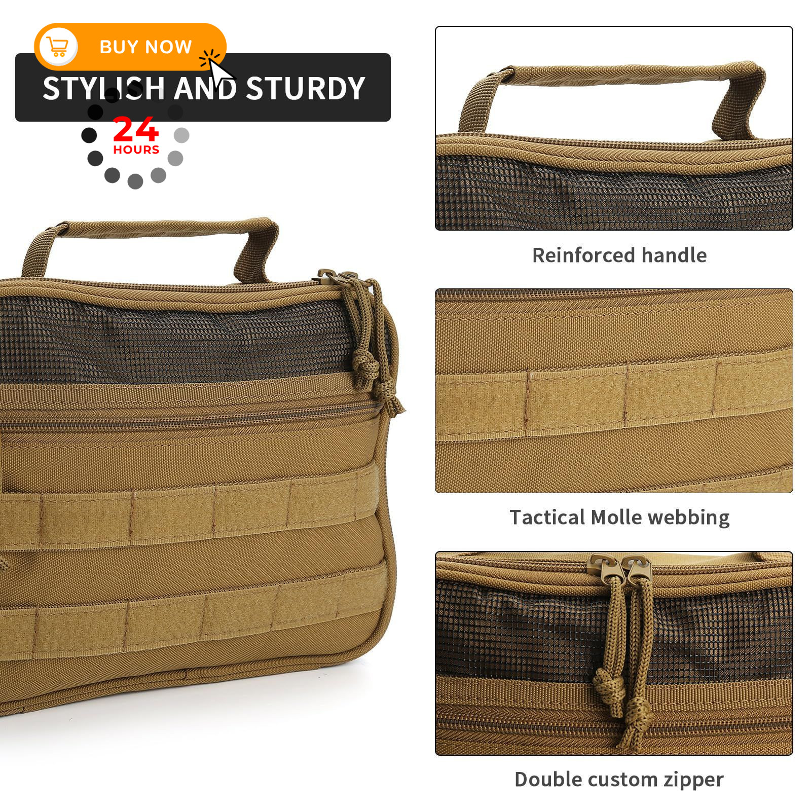 HJOKLS Tactical Hanging Toiletry Bag for Men，Mens 9.5×7.9×2.7 inches, Khaki