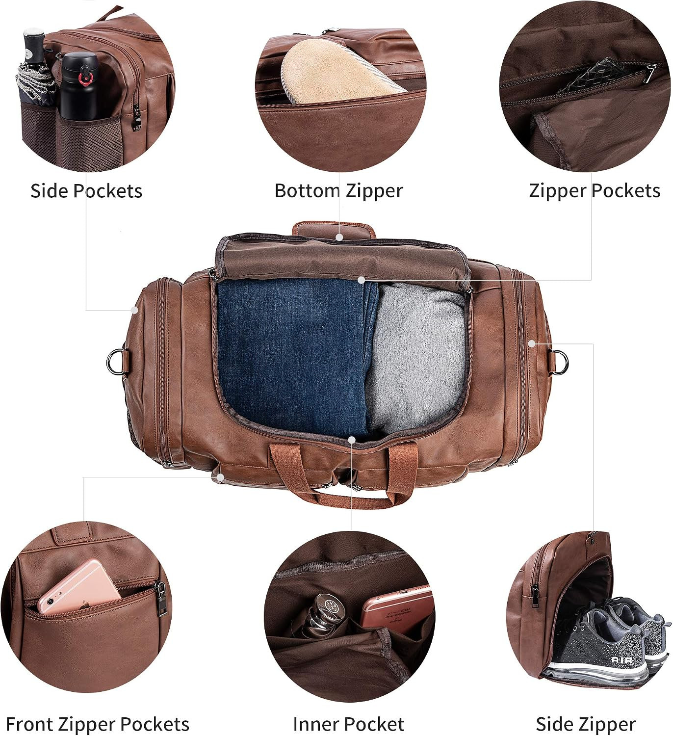 Waterproof Leather Weekender Duffle Bag with Shoe Pouch for Travel – Brown