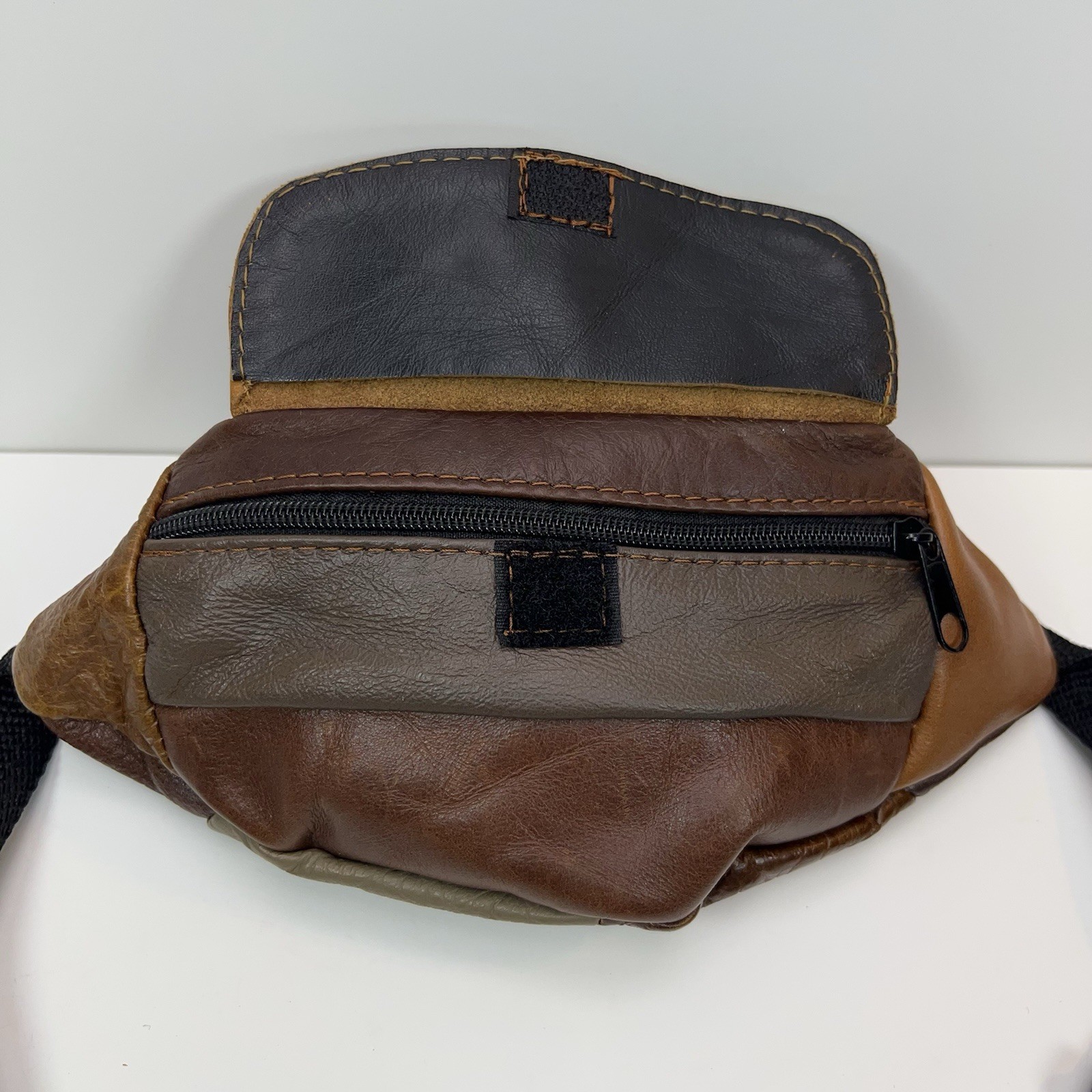 Vtg LEATHER Fanny Pack 90s Suede Patchwork Brown Waist Bag Straps Multi Pockets