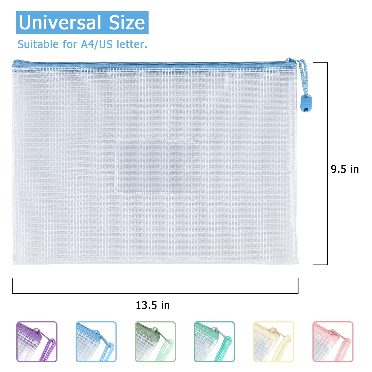 Tamaki 6 Pack Mesh Zipper Pouch Bags with Label Pocket, Letter/A4 | Waterproof Z
