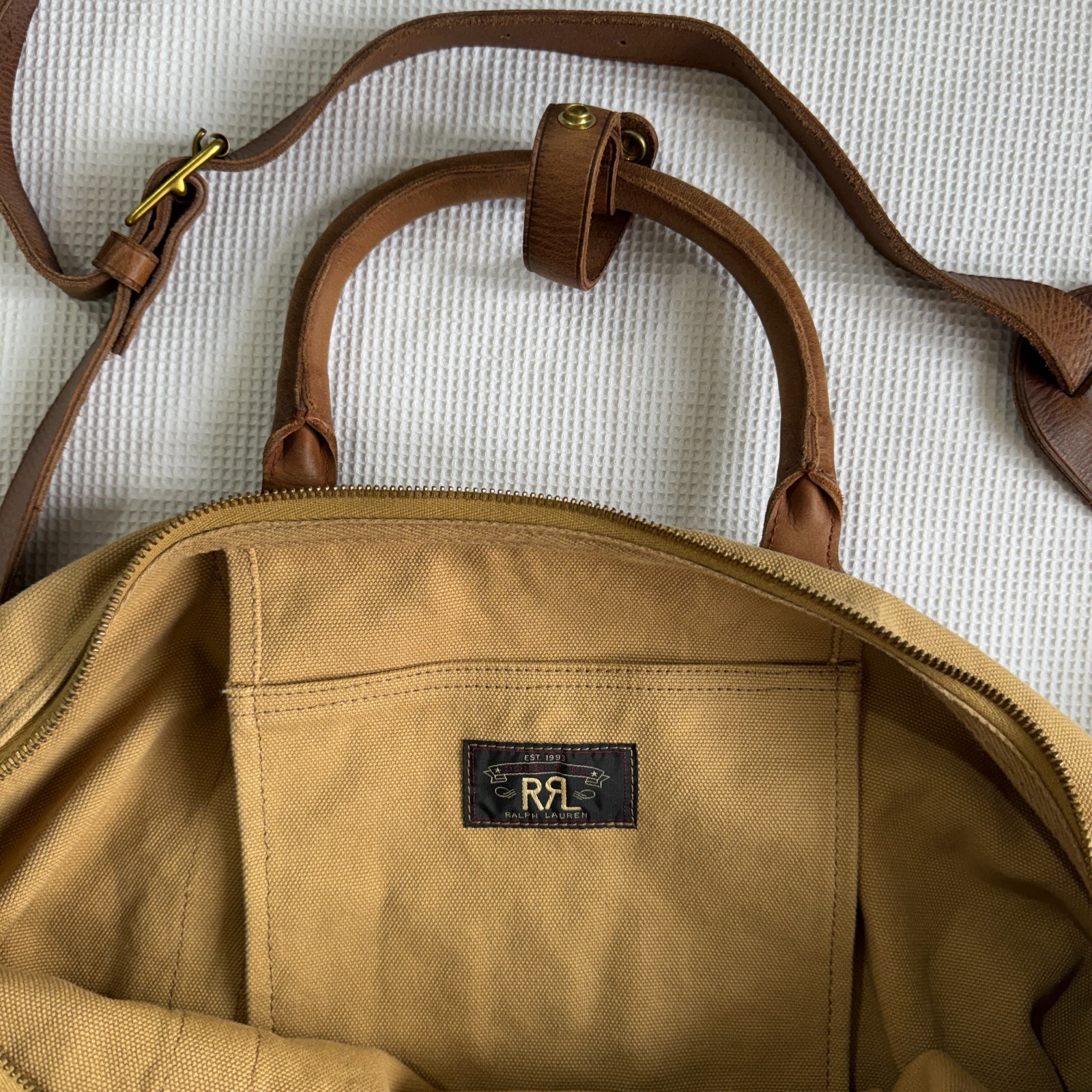 RRL Double RL Ralph Lauren Leather Trim Canvas Douglas Duffel Bag Khaki OS