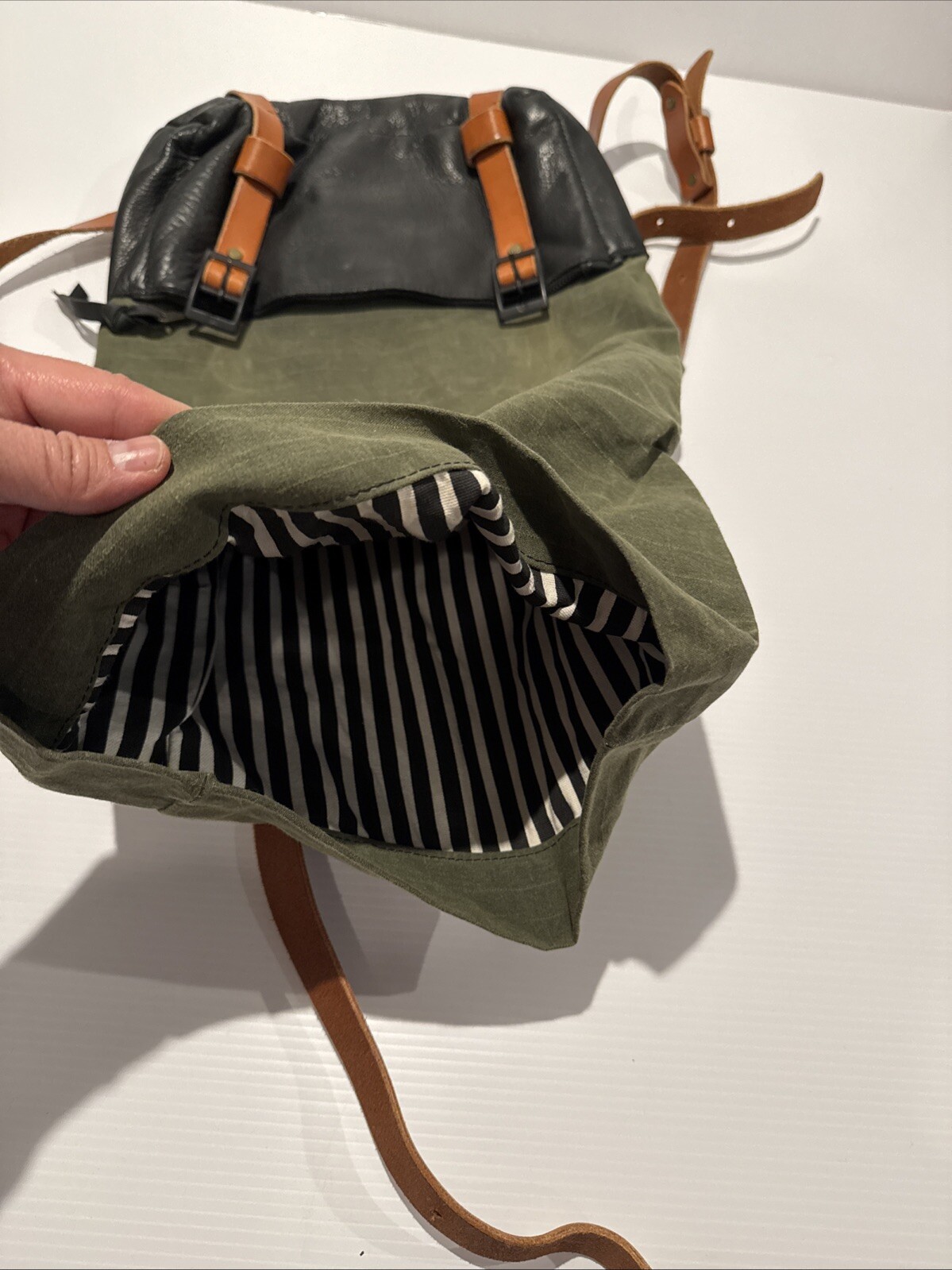 Awl Snap Waxed Canvas Leather Adjustable Backpack Tote Olive Green Black Brown