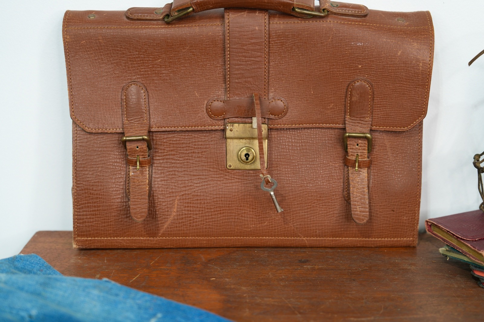 VTG Brown Leather Attache Briefcase Portfolio Document Bag w/ key 1940s Japan