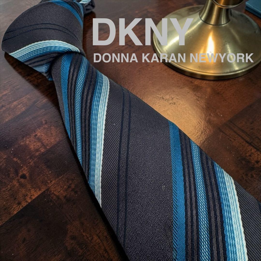 DKNY Donna Karan NY Regimental Tie Charcoal Blue Silk Made in Japan