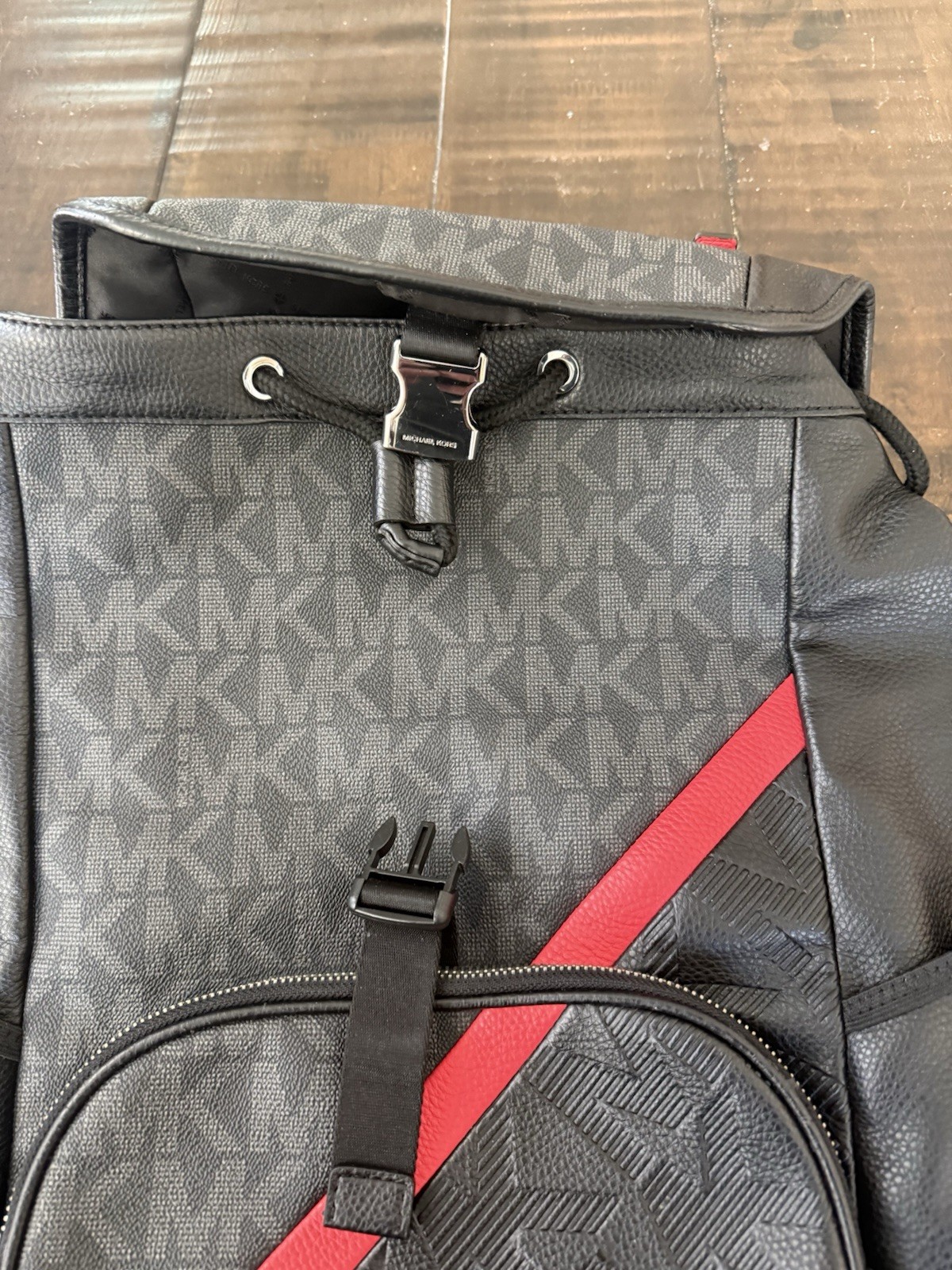 Rare Michael Kors Men’s Logo Backpack Black/Gray Red Stripe Pockets Hudson Nice
