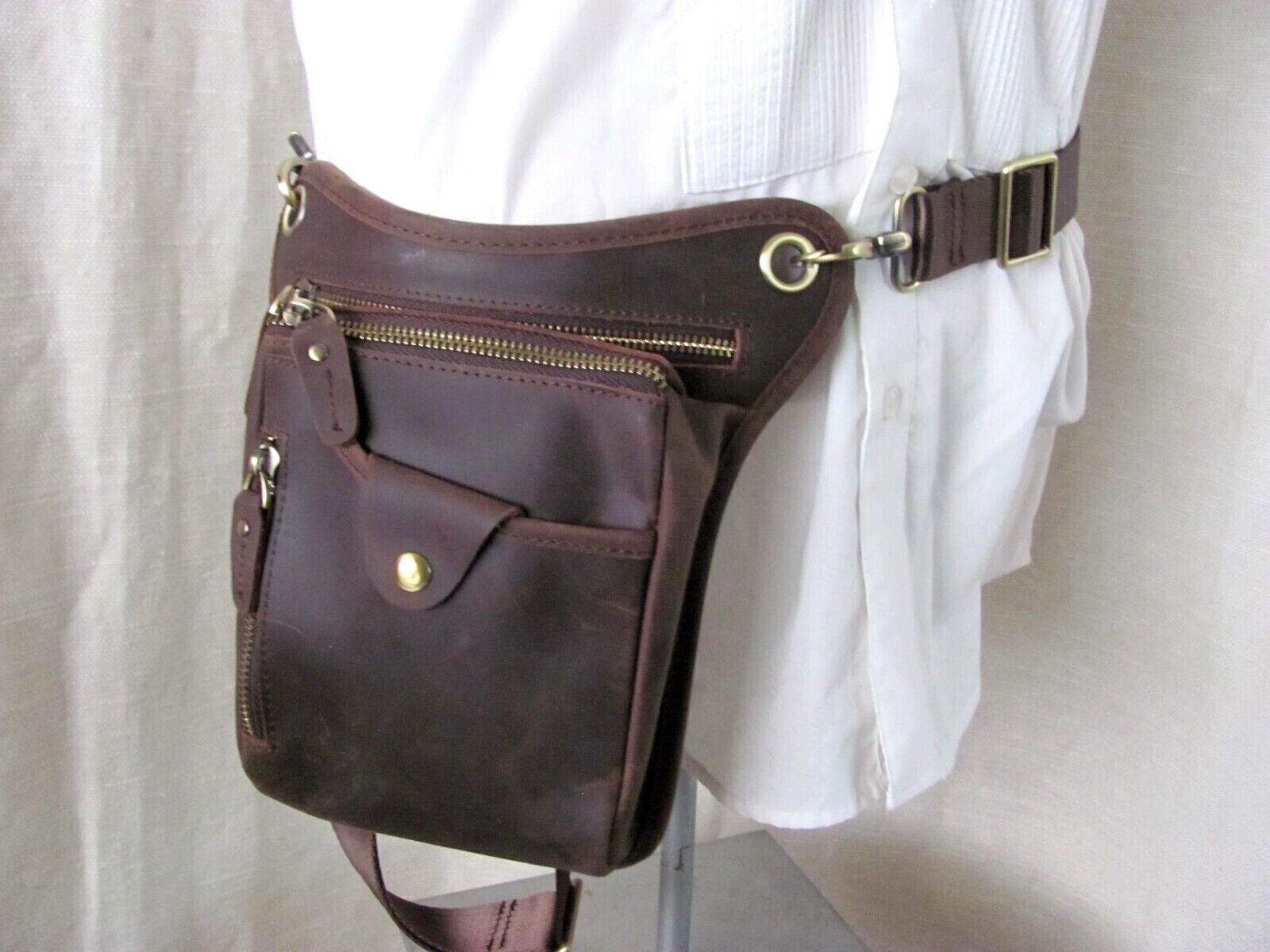 Men’s Steampunk Leg Pouch Brown Leather Brushed Brass Hardware