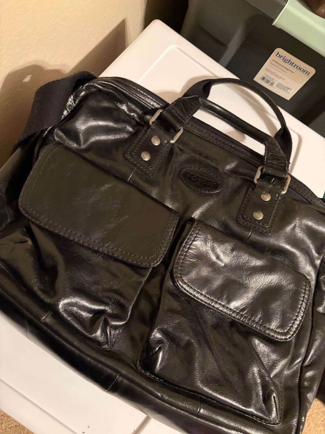 Fossil Vintage Black Leather Multi-Pocket Work Briefcase Messenger Bag