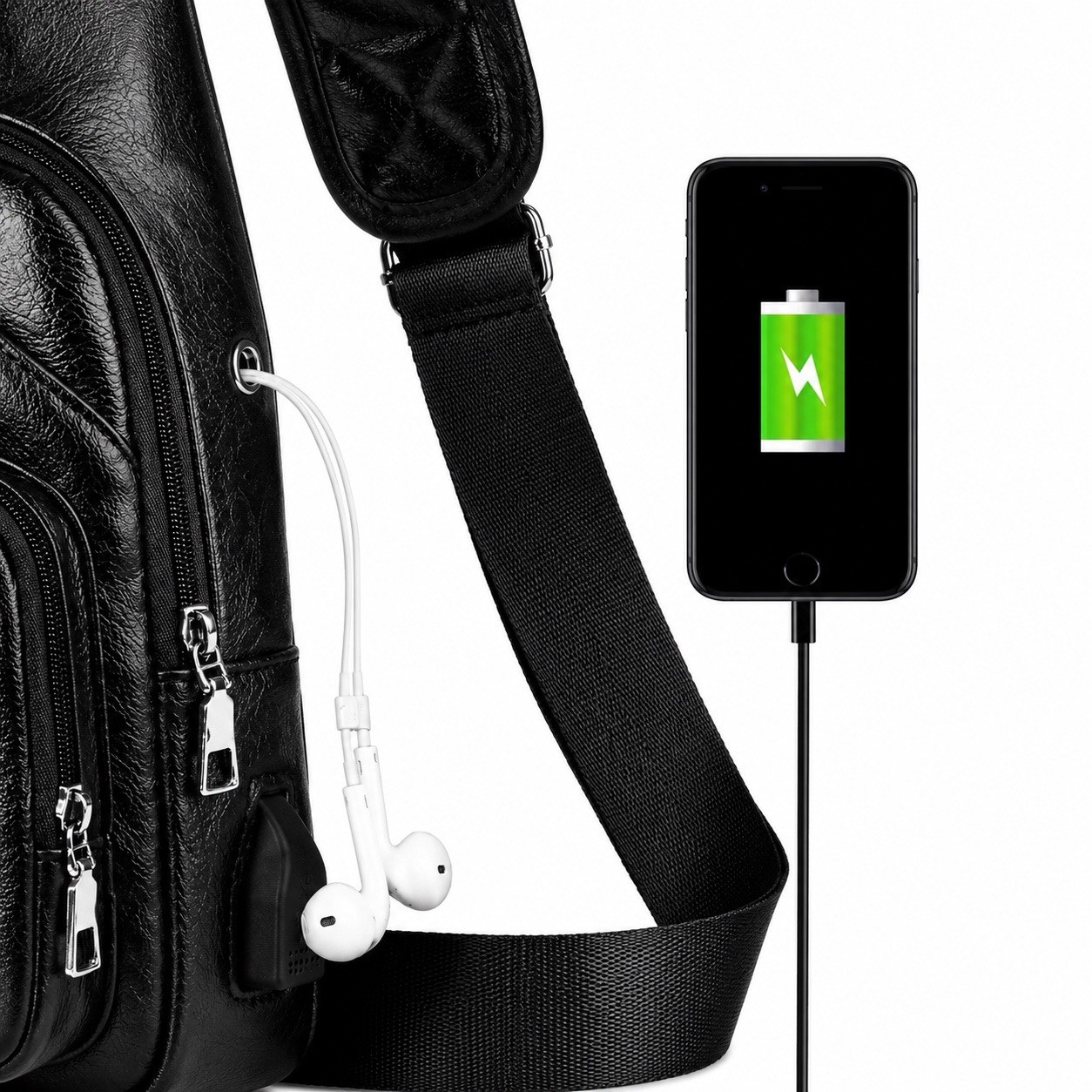 Black Chest Crossbody Bag Sling Backpack for Men with USB Charge Port Hole