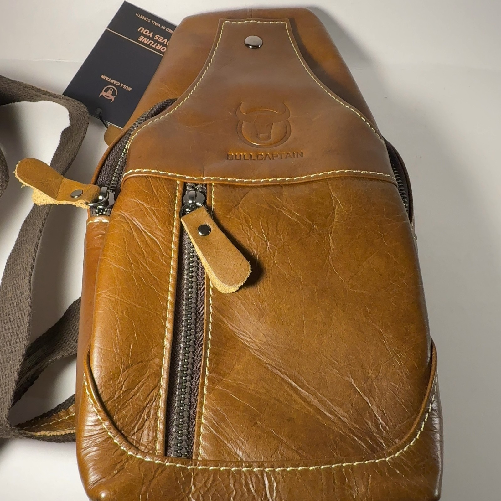Bullcaptain Genuine Leather Sling Bag Men’s Chest Crossbody Brown 82330