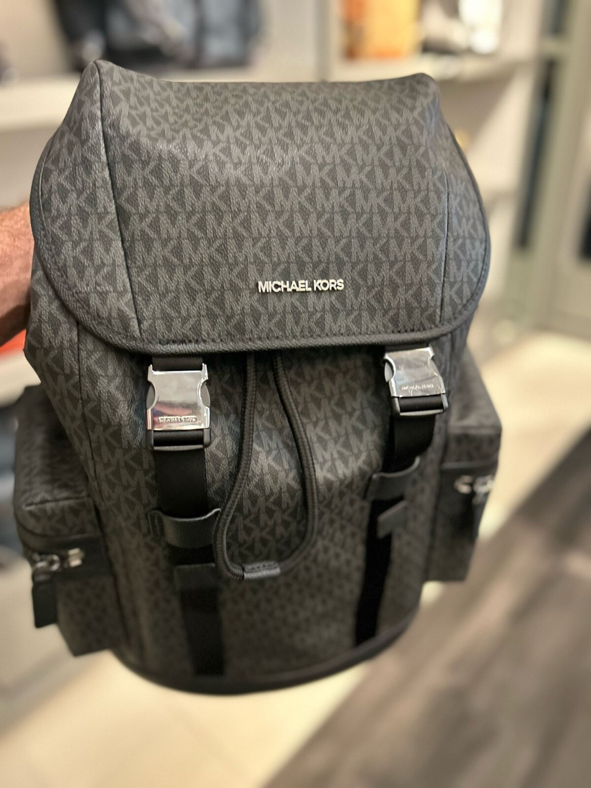 Michael Kors Cooper Men Logo Pocket Shoulder Backpack Travel Bag Black