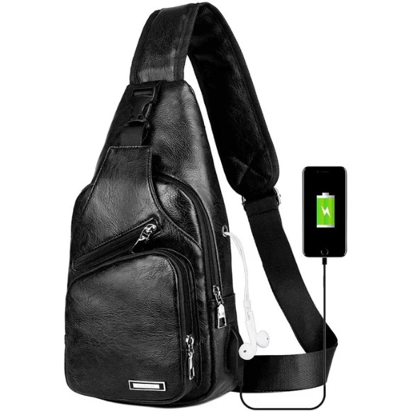 Men’s Leather Sling Bag with USB Charging Port Anti-Theft Crossbody Chest Backpa