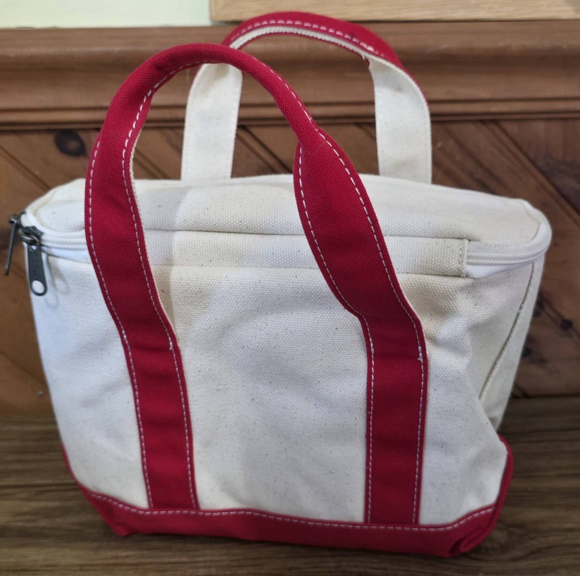 Vintage LL Bean Small Boat Tote Insulated Cooler Lunch Bag Beige Red Handles