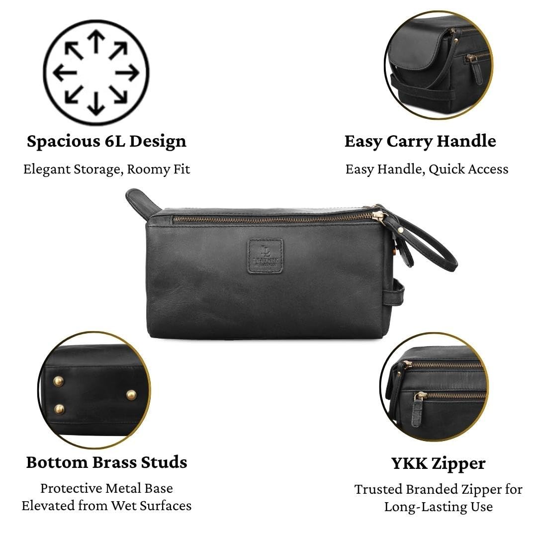 Full Grain Leather Toiletry Kit for Men & Women 10″ x 5″ x 4.5″, Matte Black