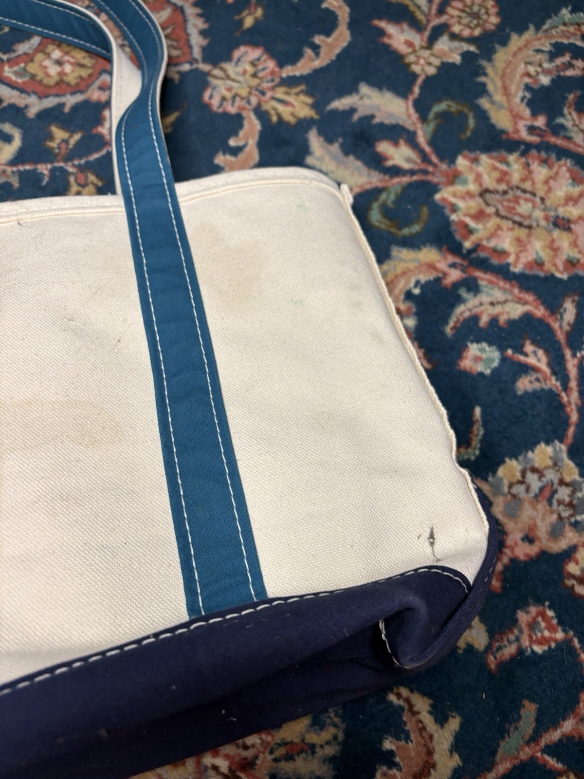 LL Bean Boat & Tote Bag Medium Royal Blue Turquoise Long Handle EUC Purse