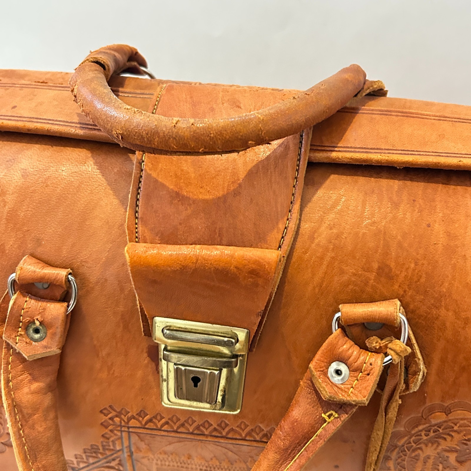 Vtg Egyptian Tooled Leather Suitcase Overnight Satchel Bag Handmade OOAK