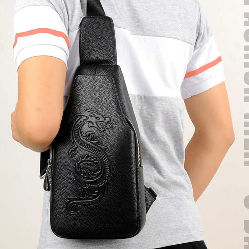Men’s Sling Backpack Genuine Leather Crossbody Bag Shoulder Bag Dragon Embossing