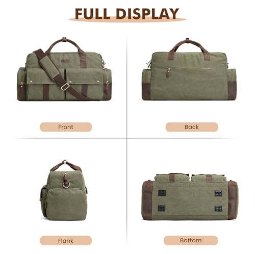 Unisex 56L Duffle Bag Canvas Travel Bag Carry on Leather Trim Army Green