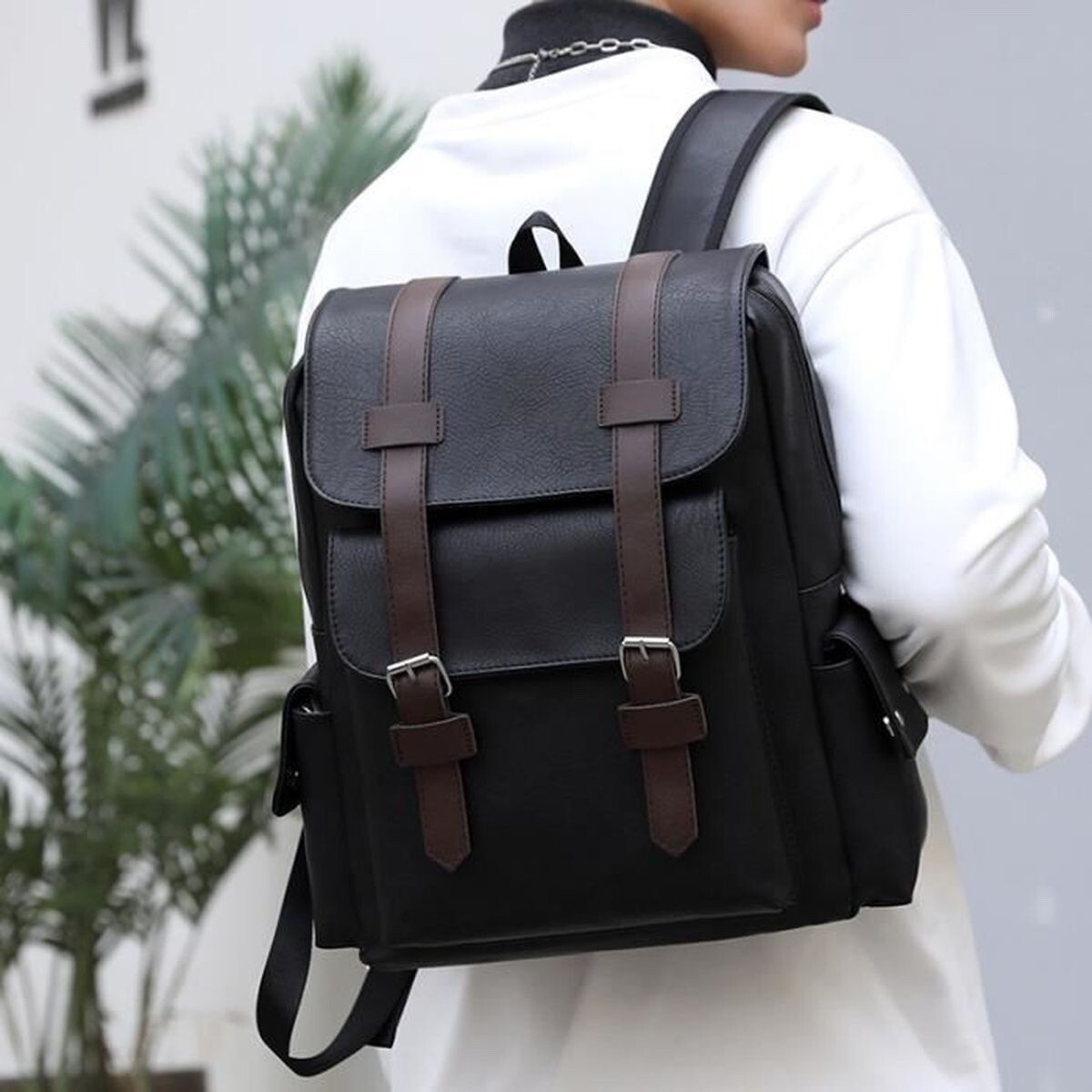 Waterproof PU Leather Backpack 14 Inches Large Capacity Work Travel Black