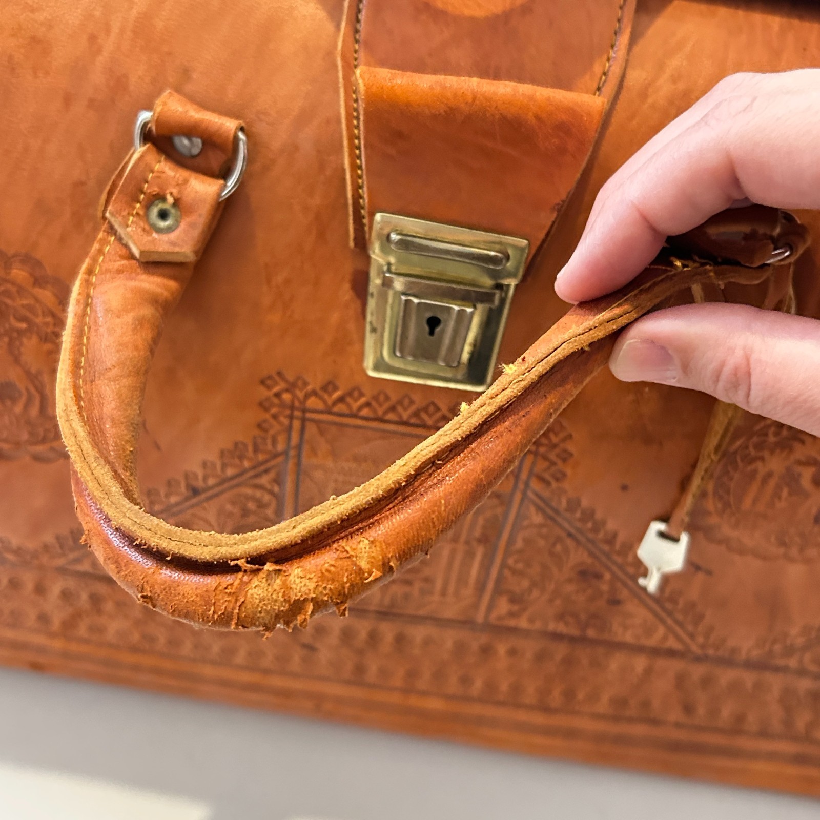 Vtg Egyptian Tooled Leather Suitcase Overnight Satchel Bag Handmade OOAK