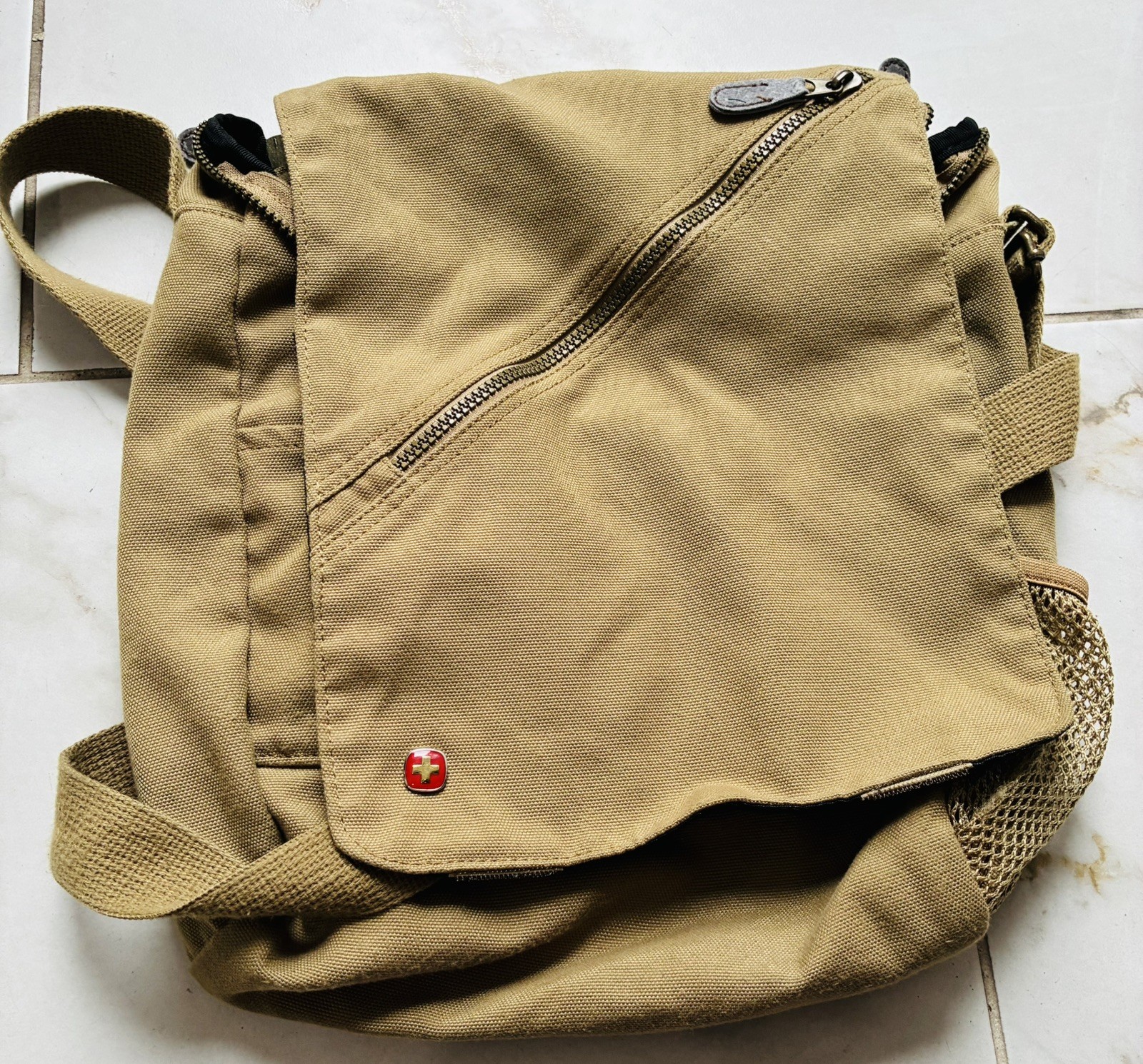 Wegner Swiss Messenger Crossbody Bag Khaki Brown Canvas Brown Pre Owned
