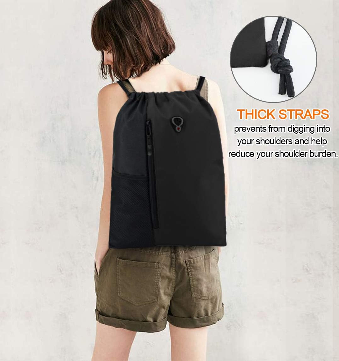 Black Drawstring Backpack Gym Bag for Men Women String Sports Backpack with Wate