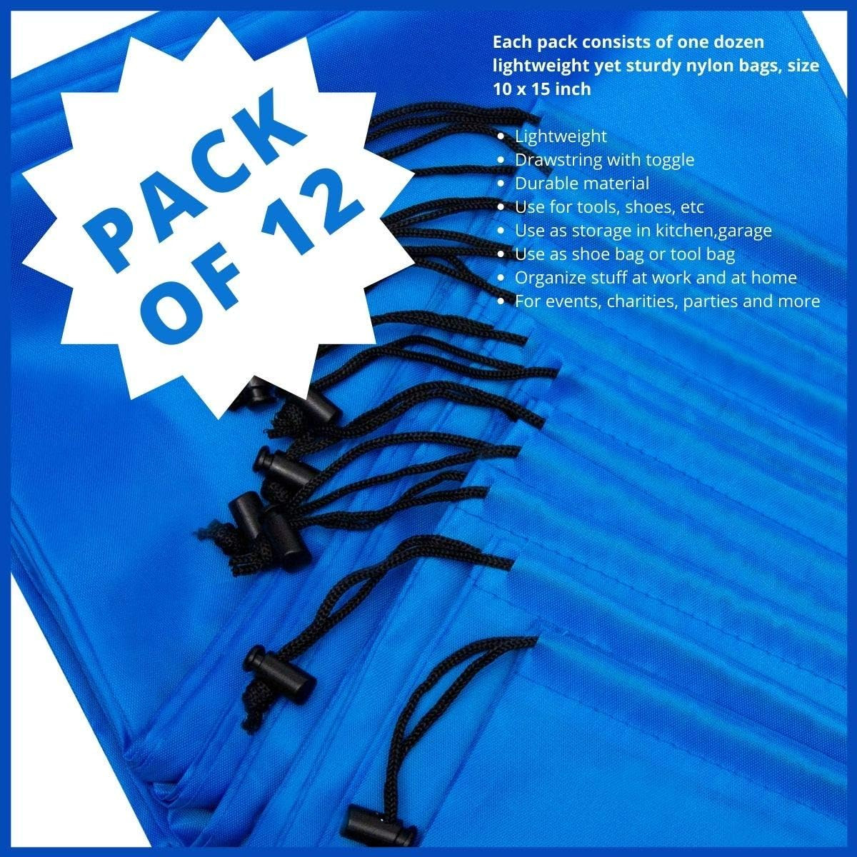 Drawstring Bag – Nylon Cinch and Ditty Stuff Pouch with Toggle (10 X 15-12 Pack,