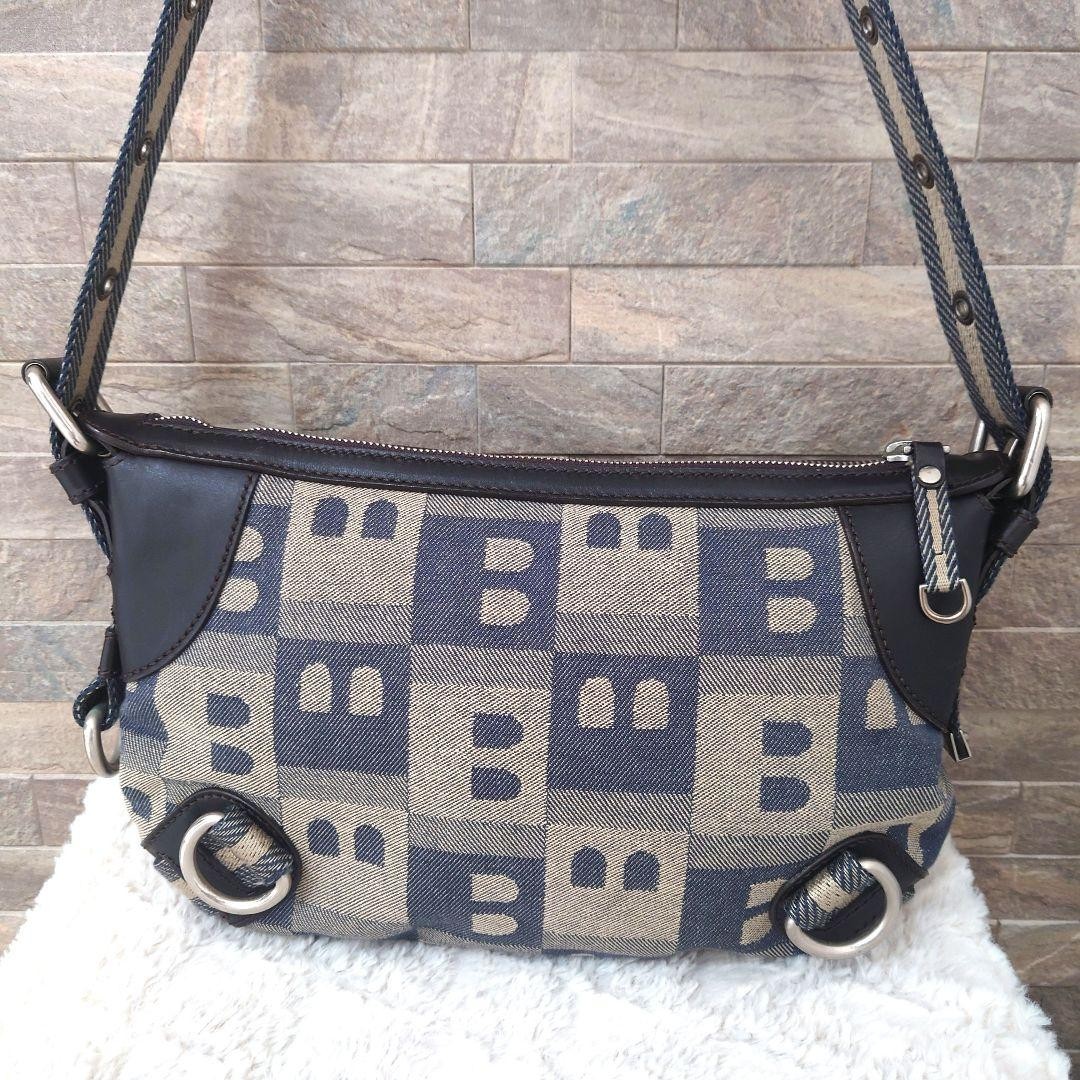 Bally Men’s Canvas Leather B All-Over Print Shoulder Bag Blue Gray 32×22.5x4cm