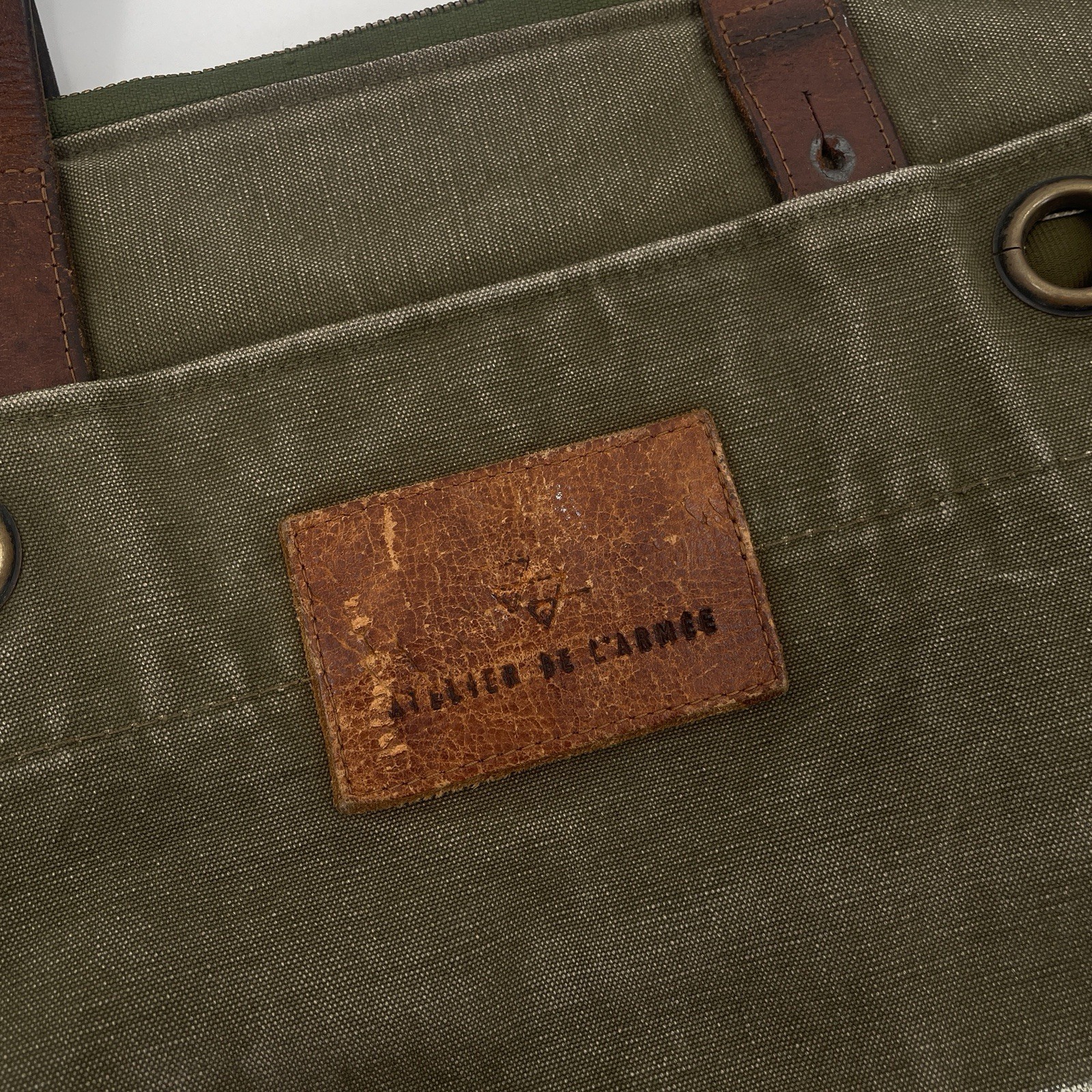 Atelier de L’Armee Green Canvas Brown Leather Tote Bag – Distressed