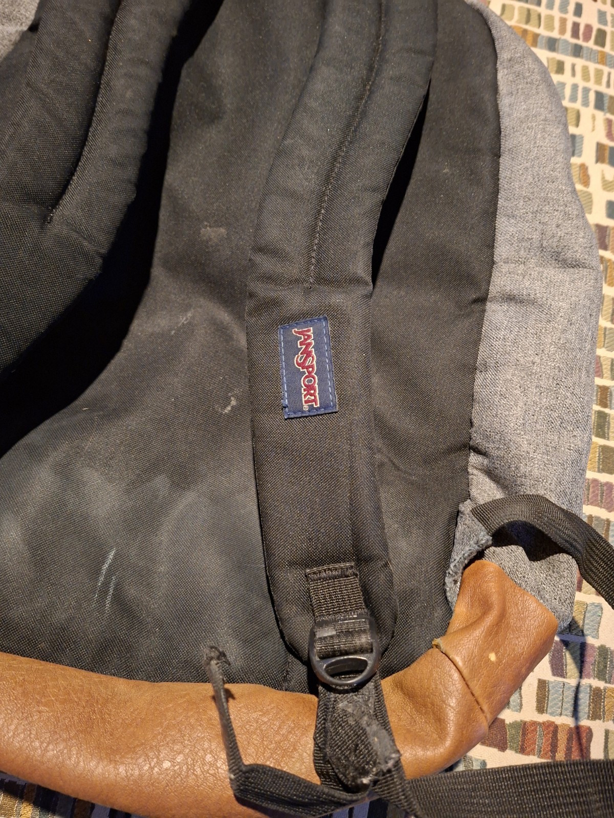 JanSport Backpack Cool Student Laptop Gray Faux Brown Leather Bottom JS0A2SDD