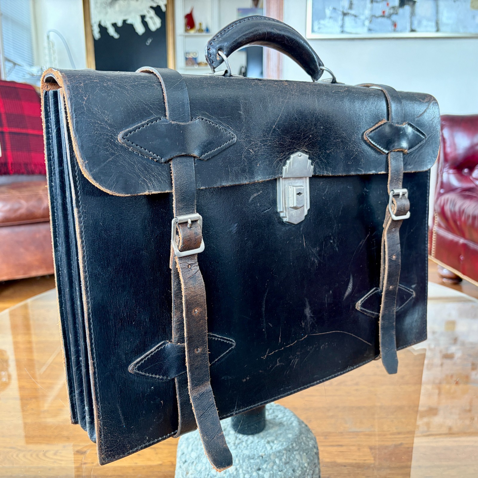1920s Leather Briefcase Satchel Bag Double Strap Messenger MacBook Pro Blk Vtg