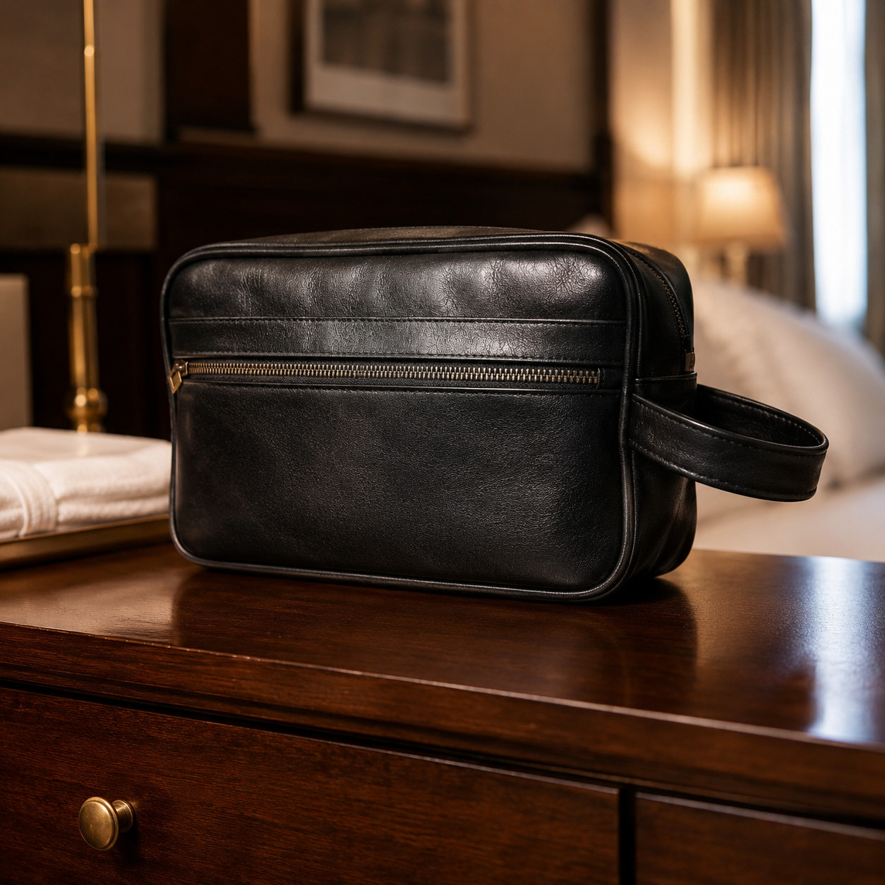 Genuine Sheep Leather Toiletry Bag Black Travel Dopp Kit New