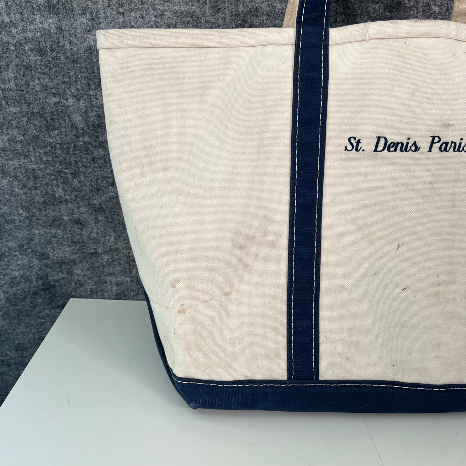 Vintage Boat & Tote Bag LL Bean USA Utility White Navy Outdoors Canvas Beach 80s