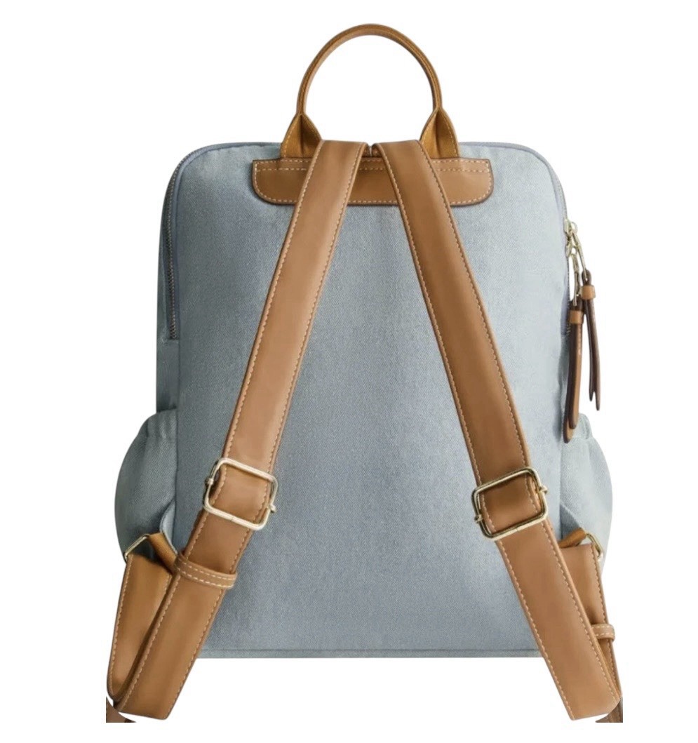 Backpack, Buddha Patch Bag with Horseshoe Logo and Zip Pocket Travel Bag, Denim