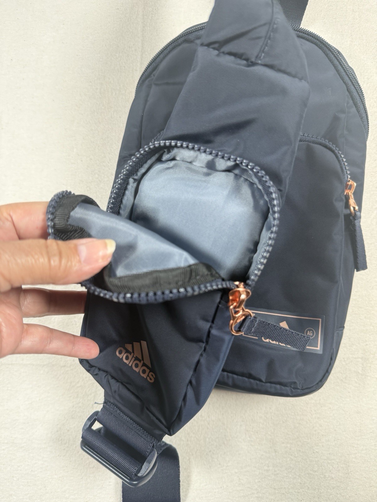 Adidas Essentials 3 Sling Crossbody Bag, Dark Navy w/ Rose Gold accents Travel