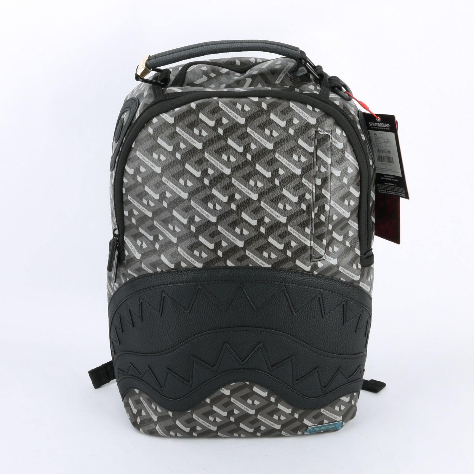 Sprayground 3DSG Thunderclap Shark Leather Bag Backpack Unisex Black Gray Plaid