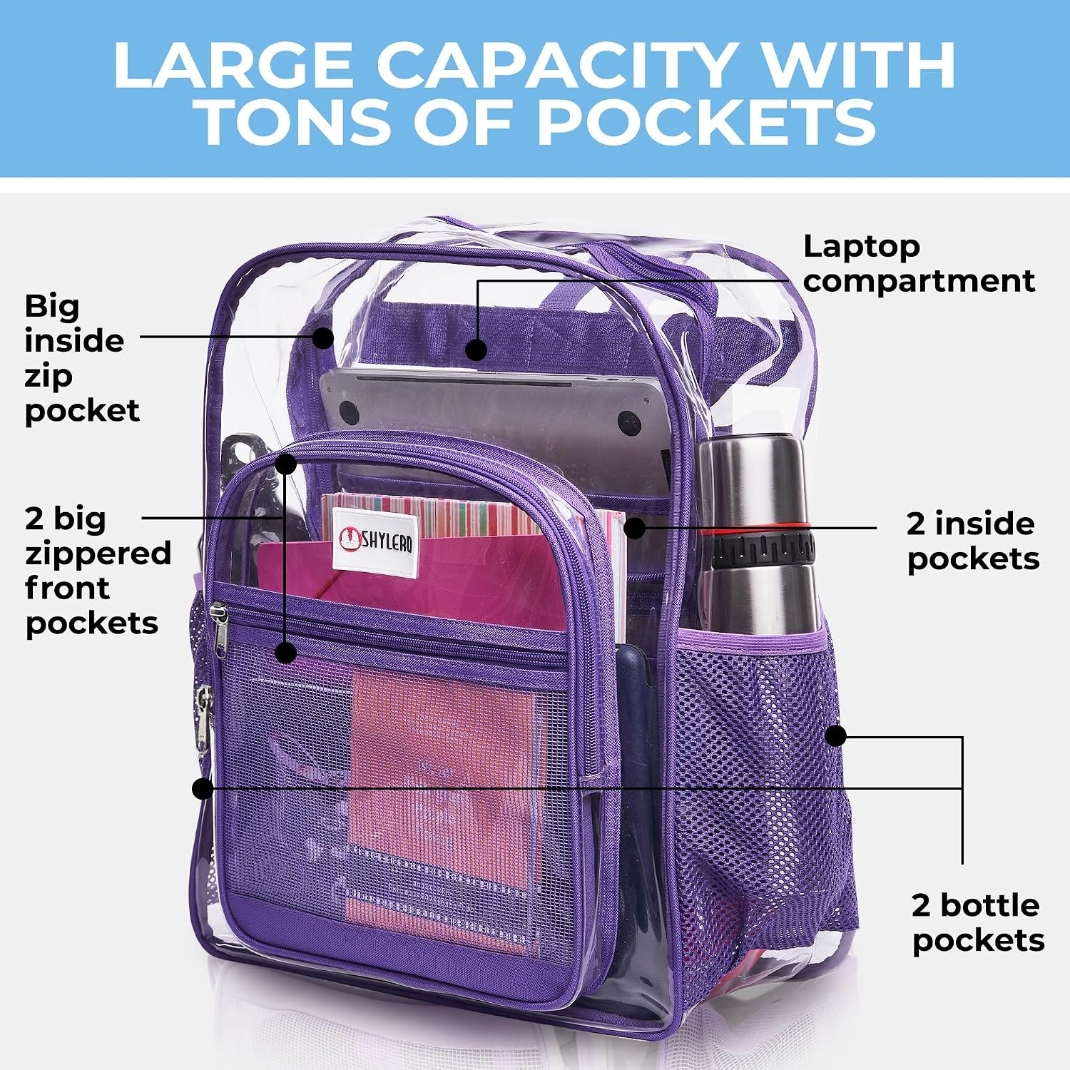 Clear Backpack Heavy Duty XL – H18”Xw14”Xd8. Has TSA Lock – Purple | PVC Trans