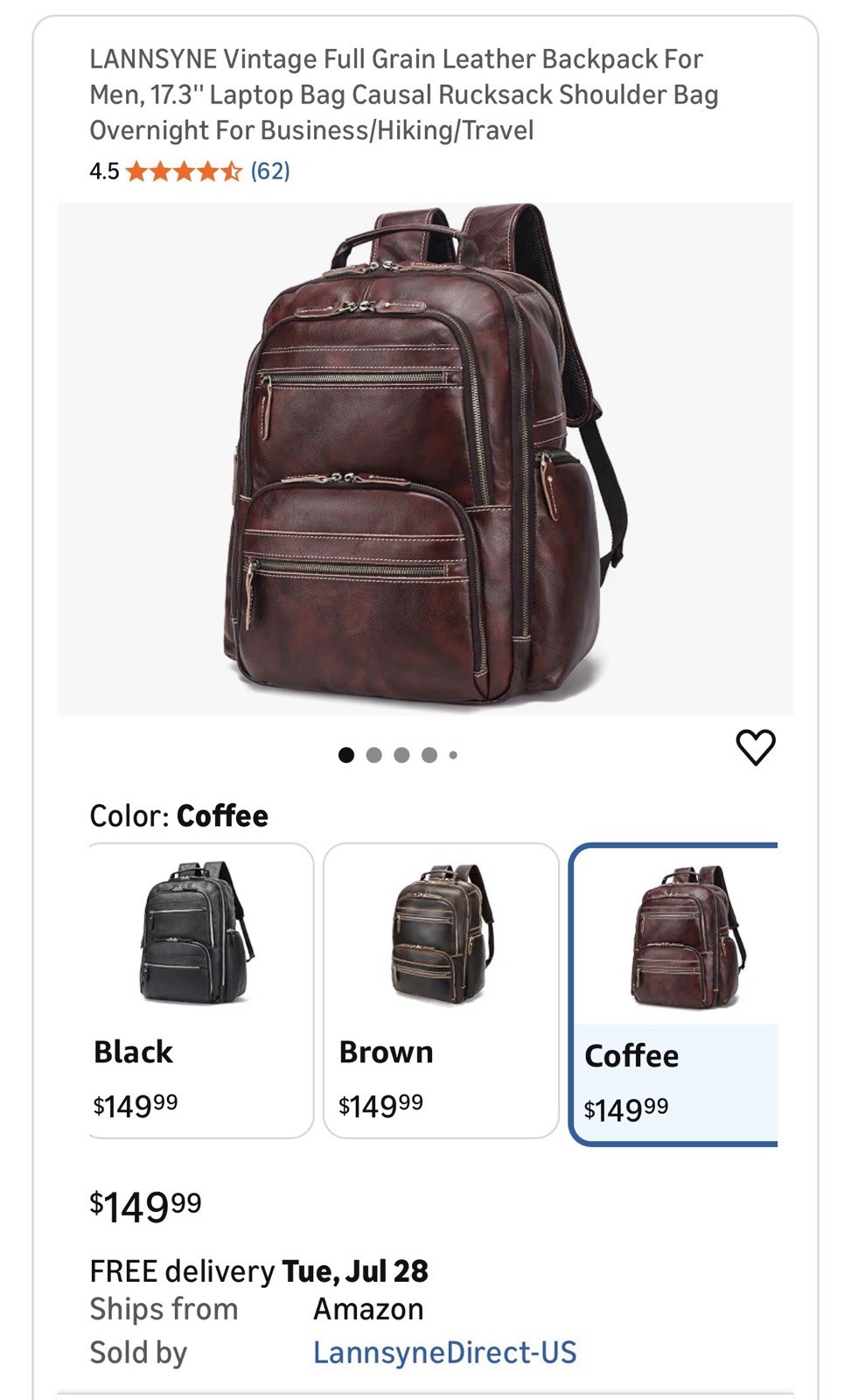 LANNSYNE Leather Brown Zip Backpack Adjustable Strap Multi Pocket Lined