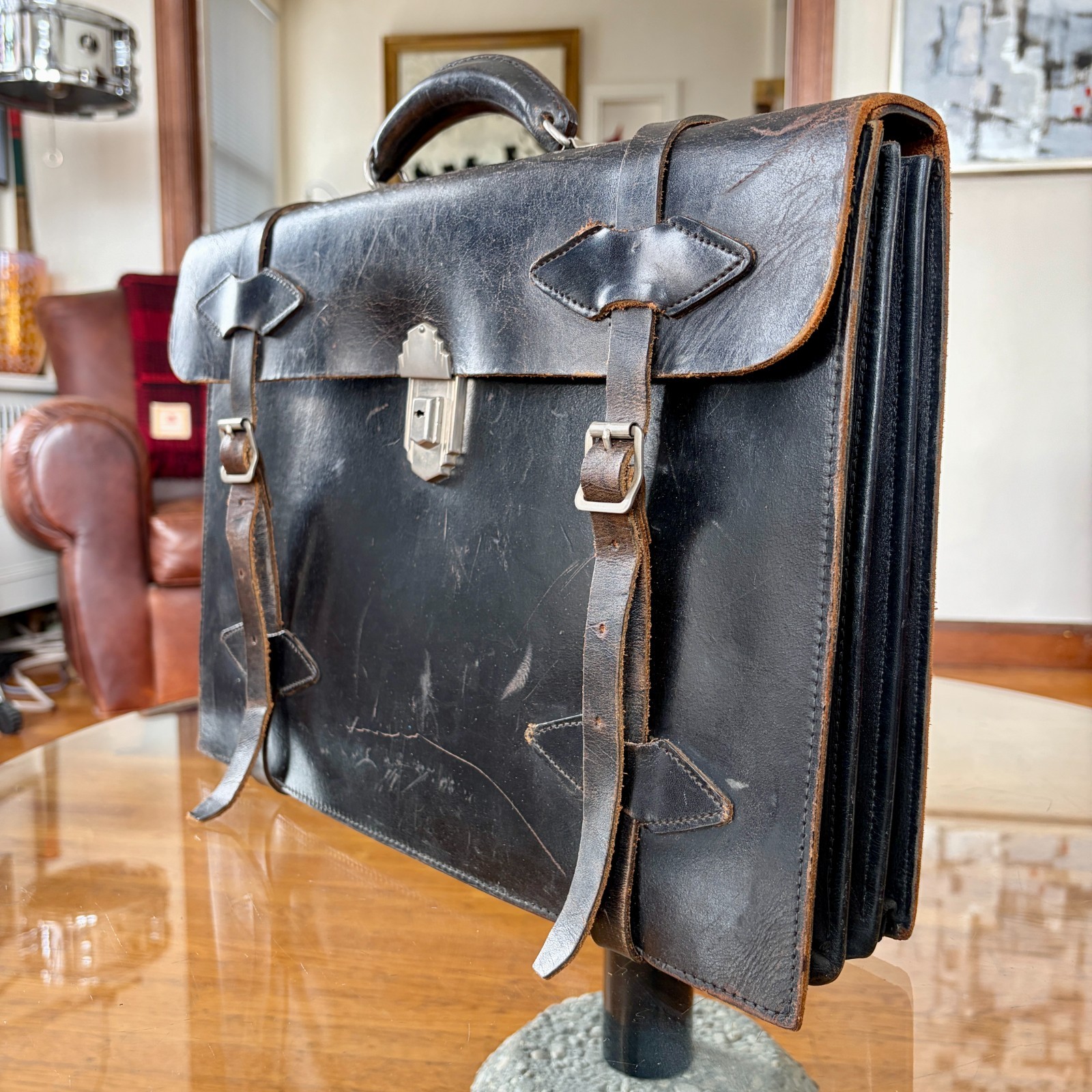 1920s Leather Briefcase Satchel Bag Double Strap Messenger MacBook Pro Blk Vtg
