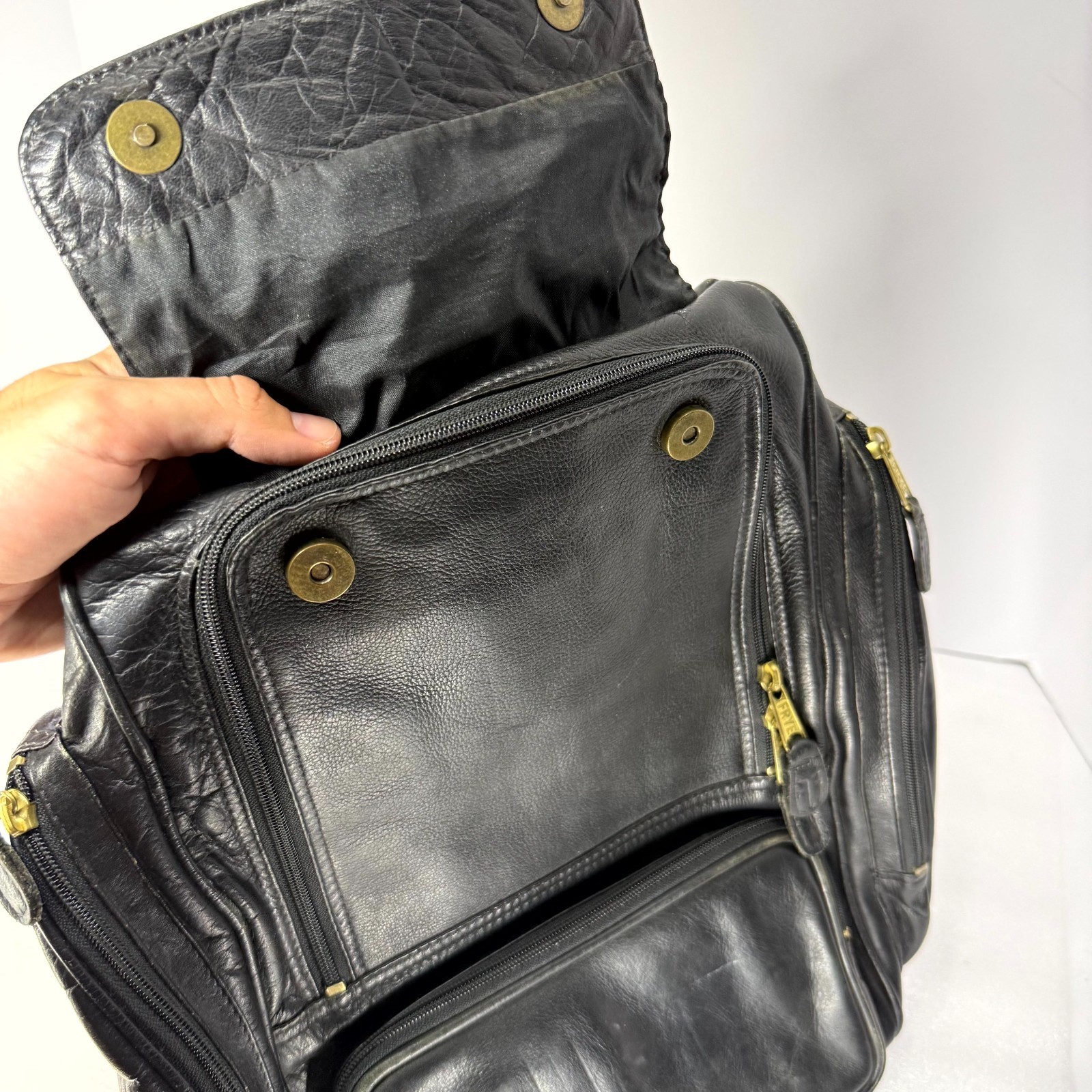 Vtg FRYE Backpack Black Genuine Leather Utility Multi-Pocket Travel Rucksack