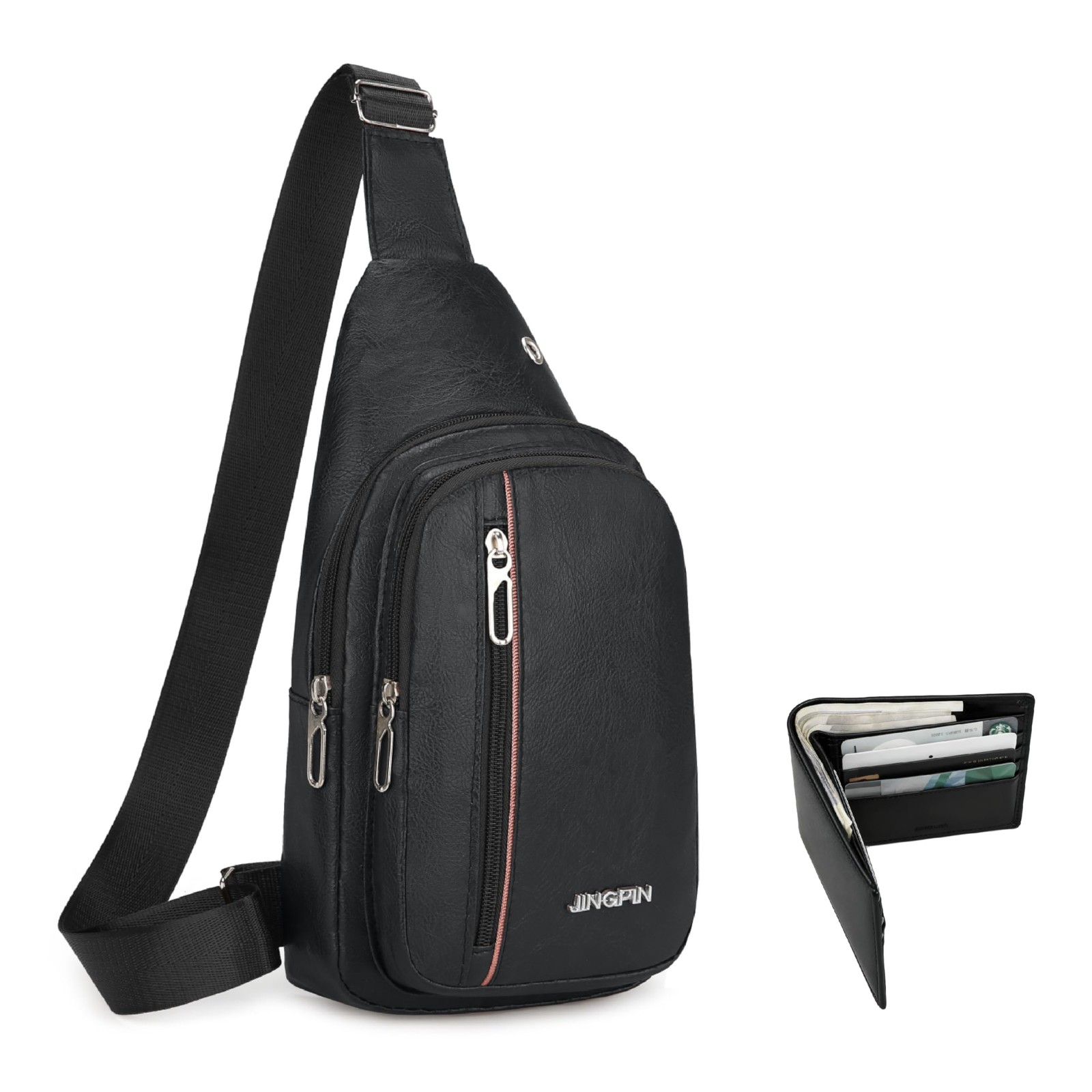 2 Pack Sling Bag Set, PU Leather with Classic Small, 02-black