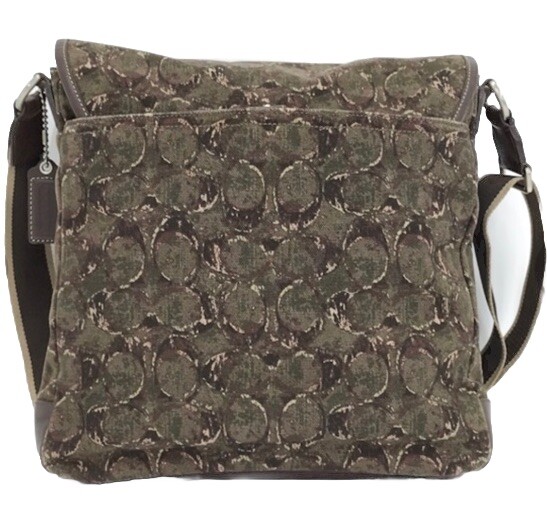 New COACH Heritage Web Green Brown Canvas Logo Leather Messenger Bag #F70627 U2