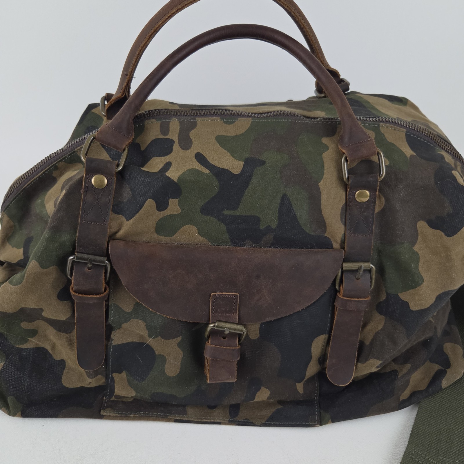NEWHEY Weekender Leather Trim Waxed Cotton Duffle Bag Camouflage