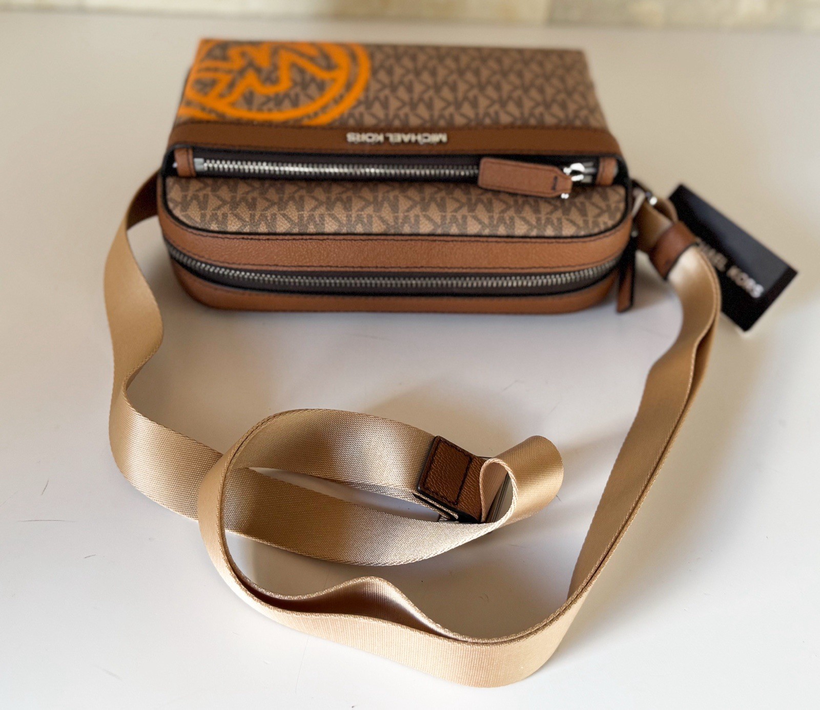 Michael Kors Cooper Utility Crossbody Flight Bag MK Brown/Pop Orange