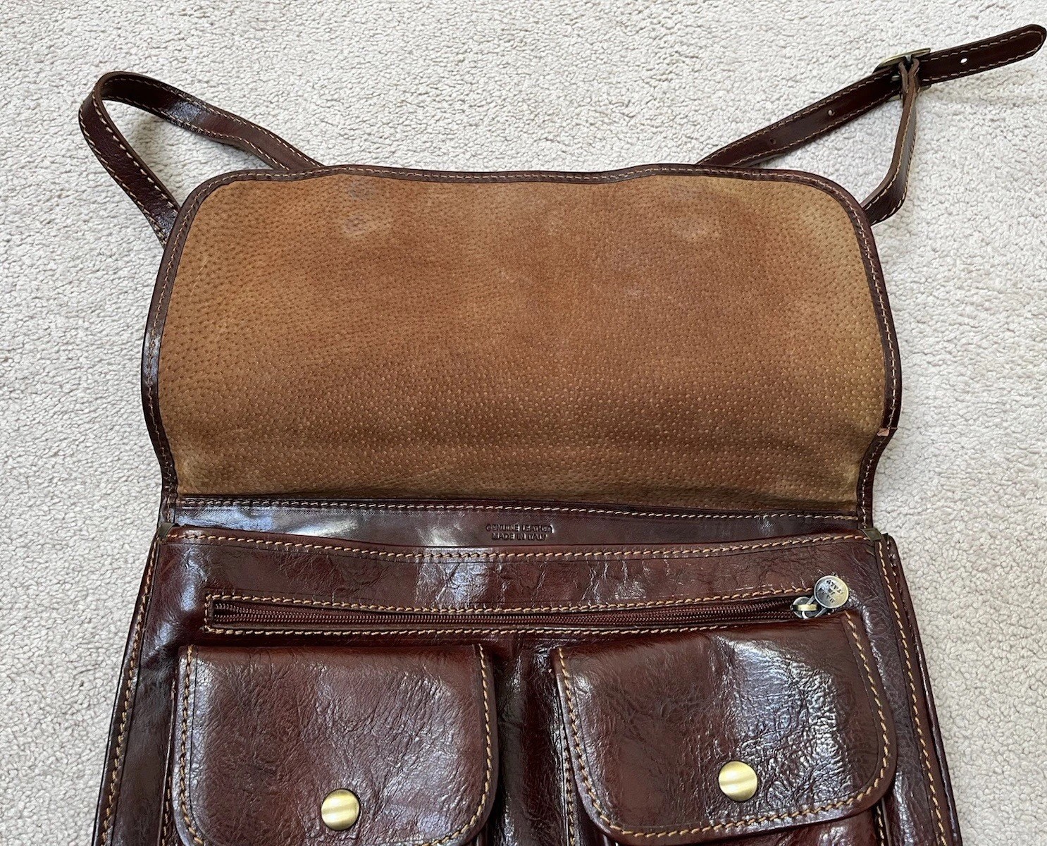 Italian Leather Messenger Computer Commuter Briefcase Bag Brown Strap Snap