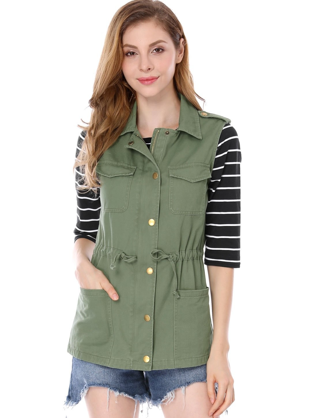 ‘s Functional Pockets Drawstring Waist Cargo Vest M Green (10)