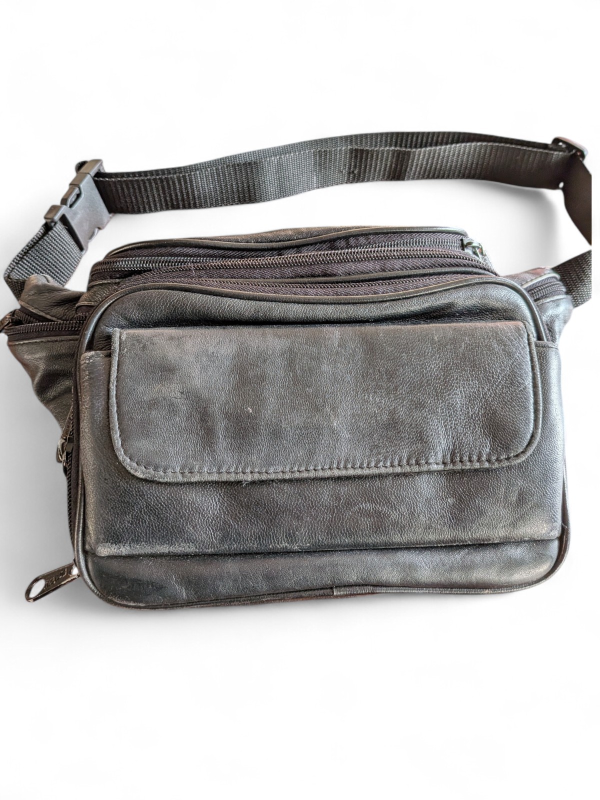 Vintage Five Star Black Leather Waist Pack Fanny Pack Utility Pouch