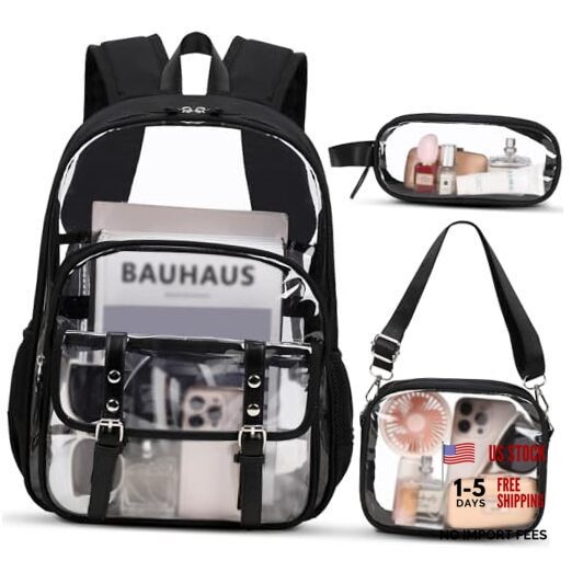 3PCS Clear Backpack for Women Girls, Heavy Duty Transparent Bookbag for