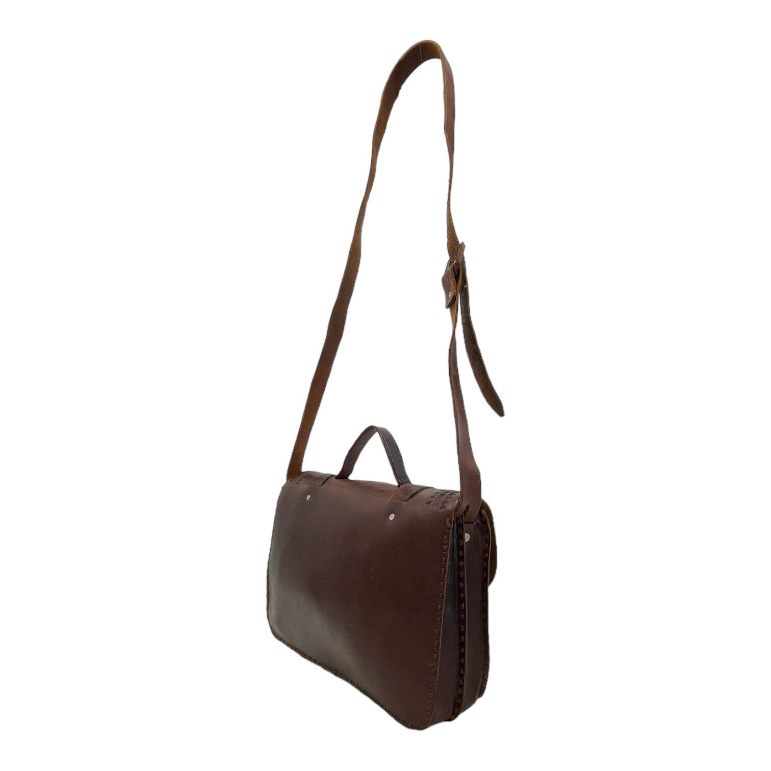 Vintage 70s Large Handmade Tooled Leather Messenger Bag Crossbody Laptop Travel