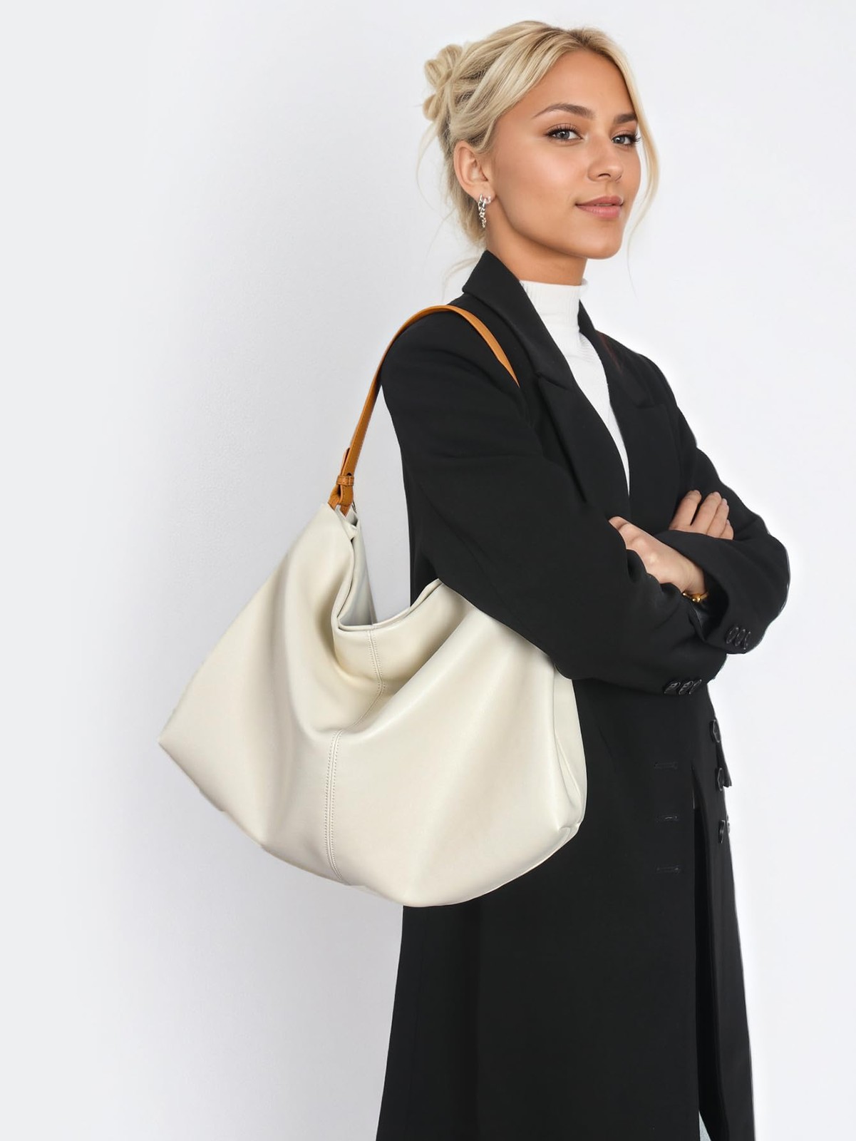 Covelin Minimalist Soft Leather Tote Bag – Adjustable & Medium, Beige