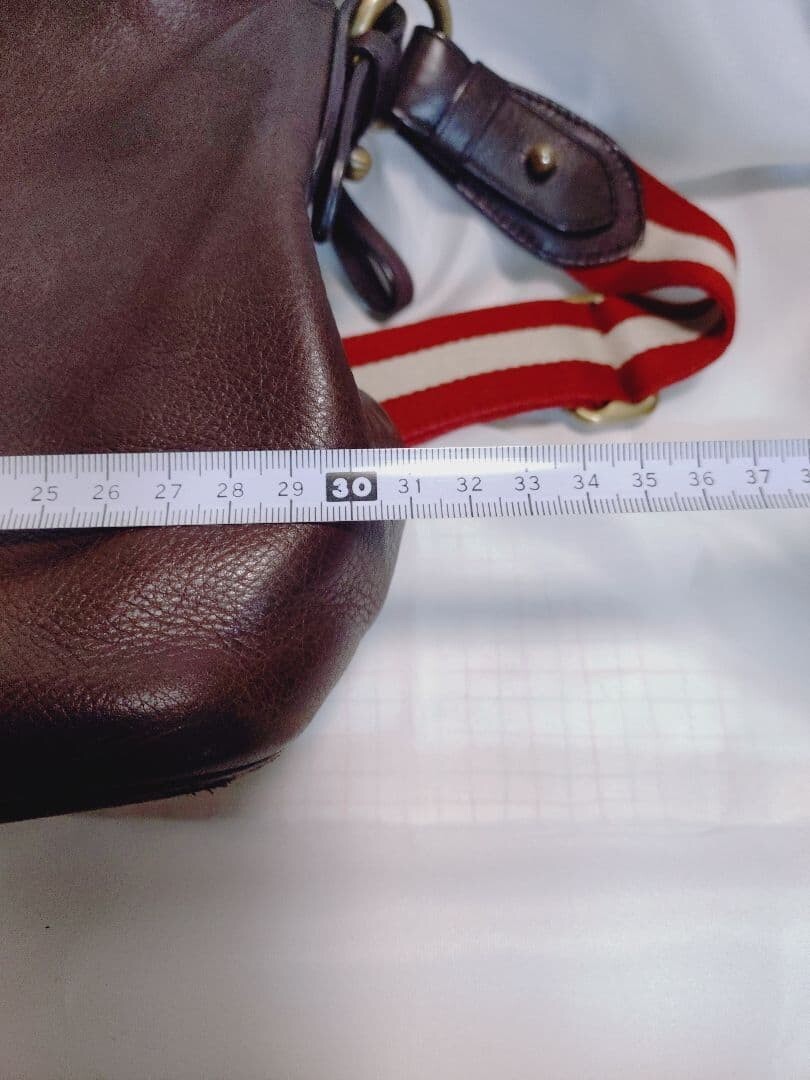 BALLY Brown Leather Shoulder Bag Red White Striped Strap Men